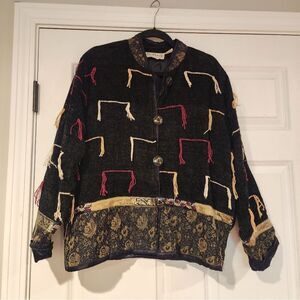 Flashback black fringe and floral detail button up jacket M